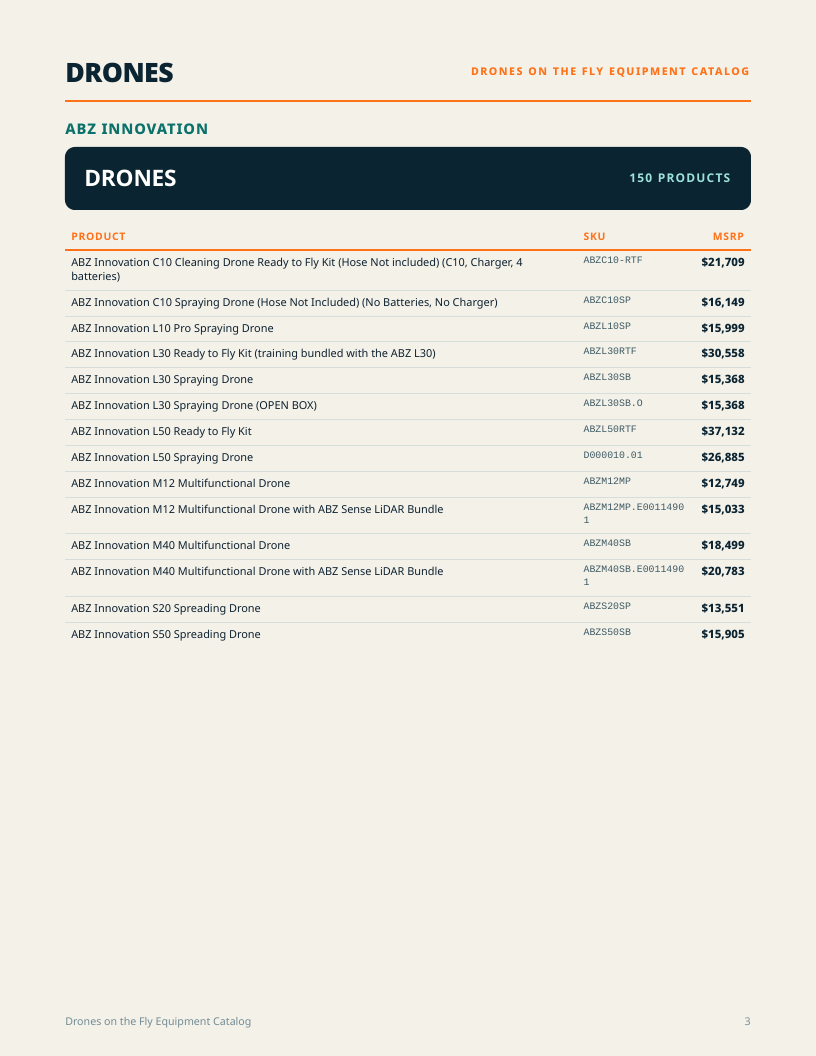 Drones section listing from the Equipment Catalog